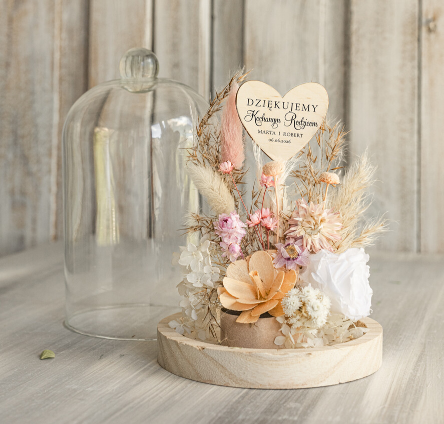 Prezenty, Podziękowania dla Rodziców Kompozycje Kwiatowe / Flowerboxy Podziękowania dla Rodziców flowerbox z suszonych kwiatów, Wieczna róża Podziękowanie od Młodej Pary kwiaty w szklanej kopule, pomysł na prezent dla Rodziców lub Mamy3