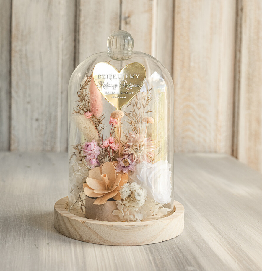 Prezenty, Podziękowania dla Rodziców Kompozycje Kwiatowe / Flowerboxy Podziękowania dla Rodziców flowerbox z suszonych kwiatów, Wieczna róża Podziękowanie od Młodej Pary kwiaty w szklanej kopule, pomysł na prezent dla Rodziców lub Mamy4