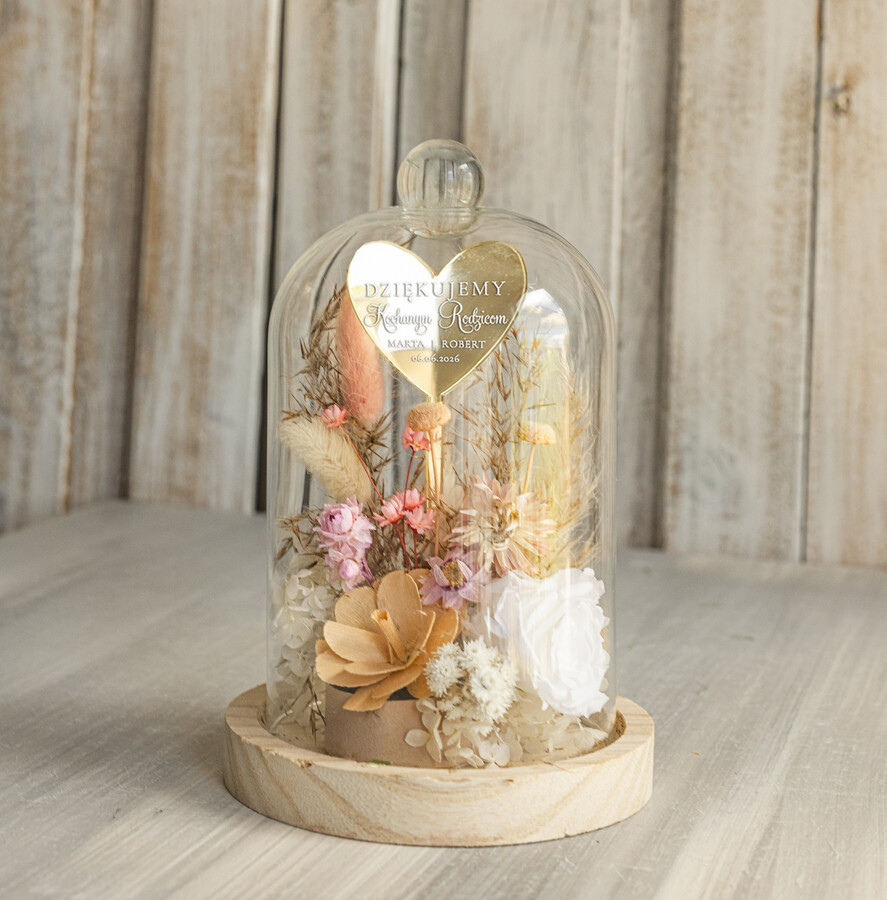 Prezenty, Podziękowania dla Rodziców Kompozycje Kwiatowe / Flowerboxy Podziękowania dla Rodziców flowerbox z suszonych kwiatów, Wieczna róża Podziękowanie od Młodej Pary kwiaty w szklanej kopule, pomysł na prezent dla Rodziców lub Mamy0