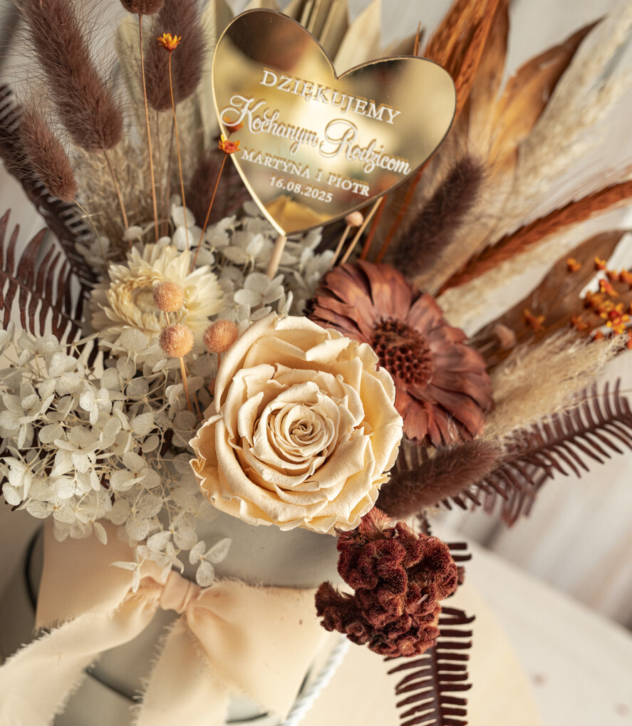Prezenty, Podziękowania dla Rodziców Kompozycje Kwiatowe / Flowerboxy podziekowania dla rodzicow prezent dla mamy i taty na wesele, kompozycja z kwiatów suszonych pomysł na prezent dla rodziców, wieczne róże, flower box dla rodziców3