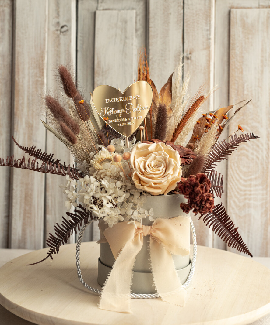 Prezenty, Podziękowania dla Rodziców Kompozycje Kwiatowe / Flowerboxy podziekowania dla rodzicow prezent dla mamy i taty na wesele, kompozycja z kwiatów suszonych pomysł na prezent dla rodziców, wieczne róże, flower box dla rodziców5