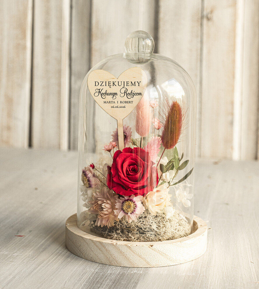 Prezenty, Podziękowania dla Rodziców Kompozycje Kwiatowe / Flowerboxy Podziękowania dla Rodziców flowerbox z suszonych kwiatów, Wieczna róża Podziękowanie od Młodej Pary kwiaty w szklanej kopule, pomysł na prezent dla Rodziców lub Mamy7