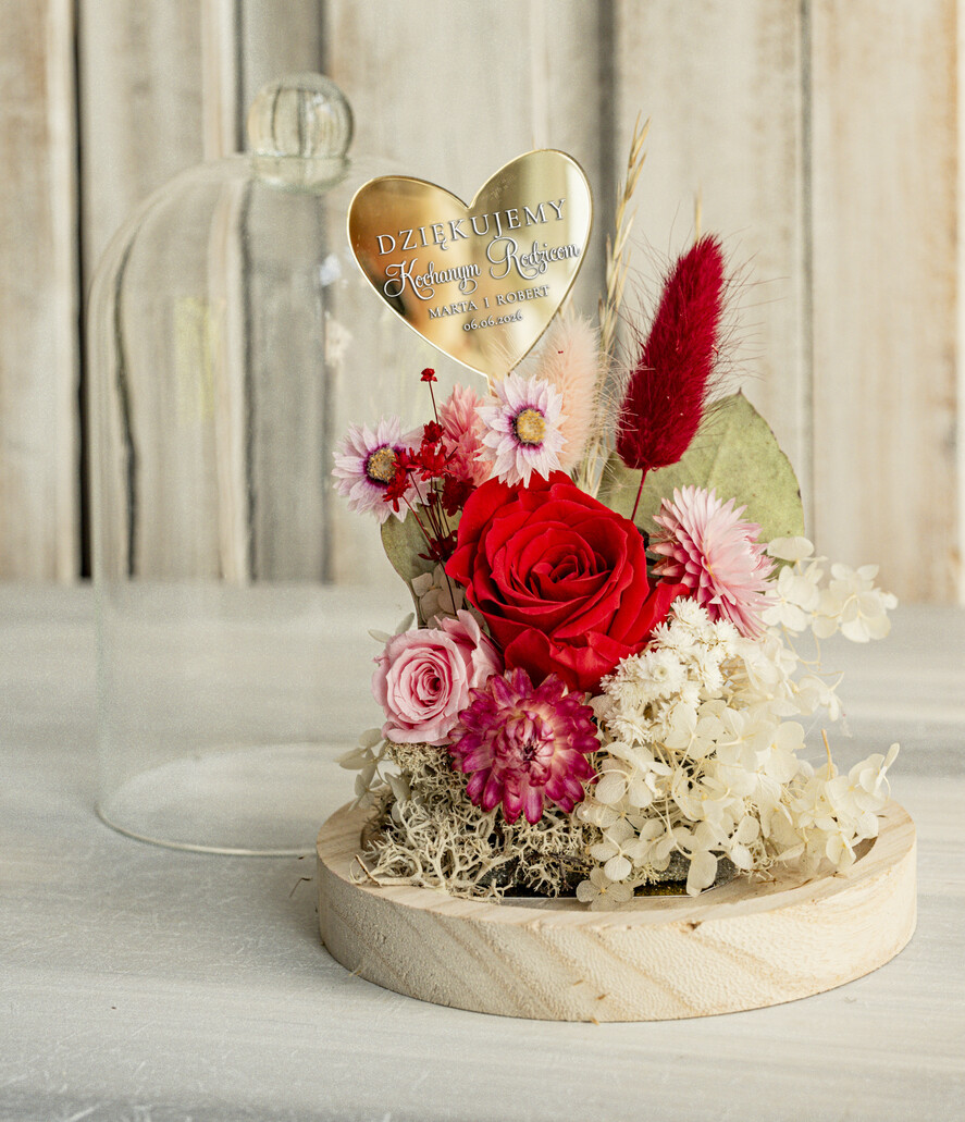 Prezenty, Podziękowania dla Rodziców Kompozycje Kwiatowe / Flowerboxy Personalizowane podziękowania dla Rodziców flowerbox z suszonych kwiatów, Wieczna róża Podziękowanie od Młodej pary w szklanej kopule, pomysł na prezent Rodzicom lub Mamie 1