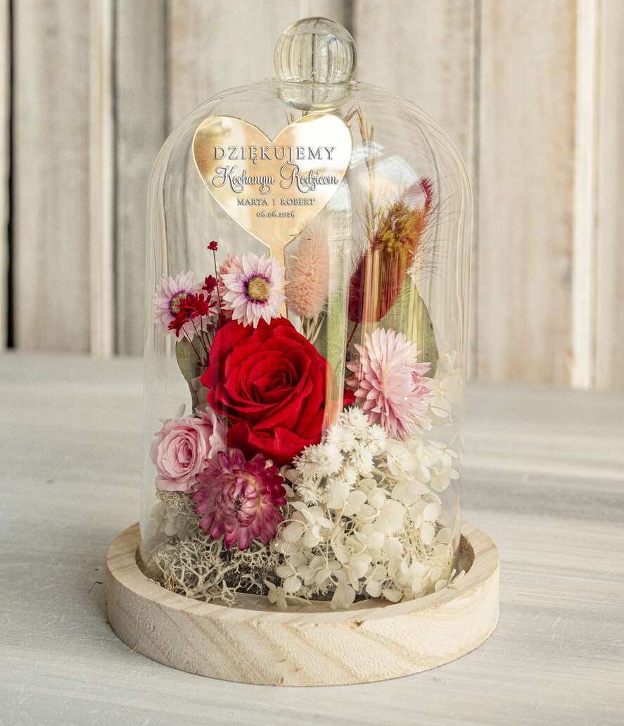 Prezenty, Podziękowania dla Rodziców Kompozycje Kwiatowe / Flowerboxy Personalizowane podziękowania dla Rodziców flowerbox z suszonych kwiatów, Wieczna róża Podziękowanie od Młodej pary w szklanej kopule, pomysł na prezent Rodzicom lub Mamie 0