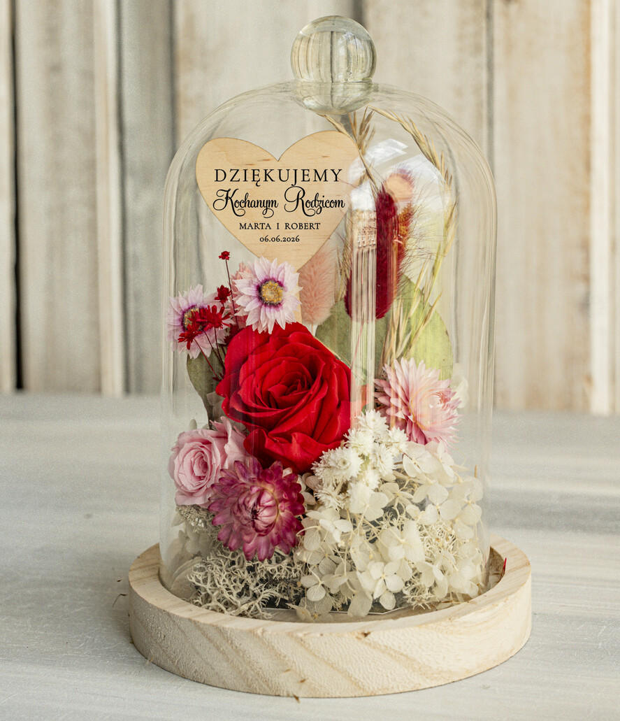 Prezenty, Podziękowania dla Rodziców Kompozycje Kwiatowe / Flowerboxy Personalizowane podziękowania dla Rodziców flowerbox z suszonych kwiatów, Wieczna róża Podziękowanie od Młodej pary w szklanej kopule, pomysł na prezent Rodzicom lub Mamie 3