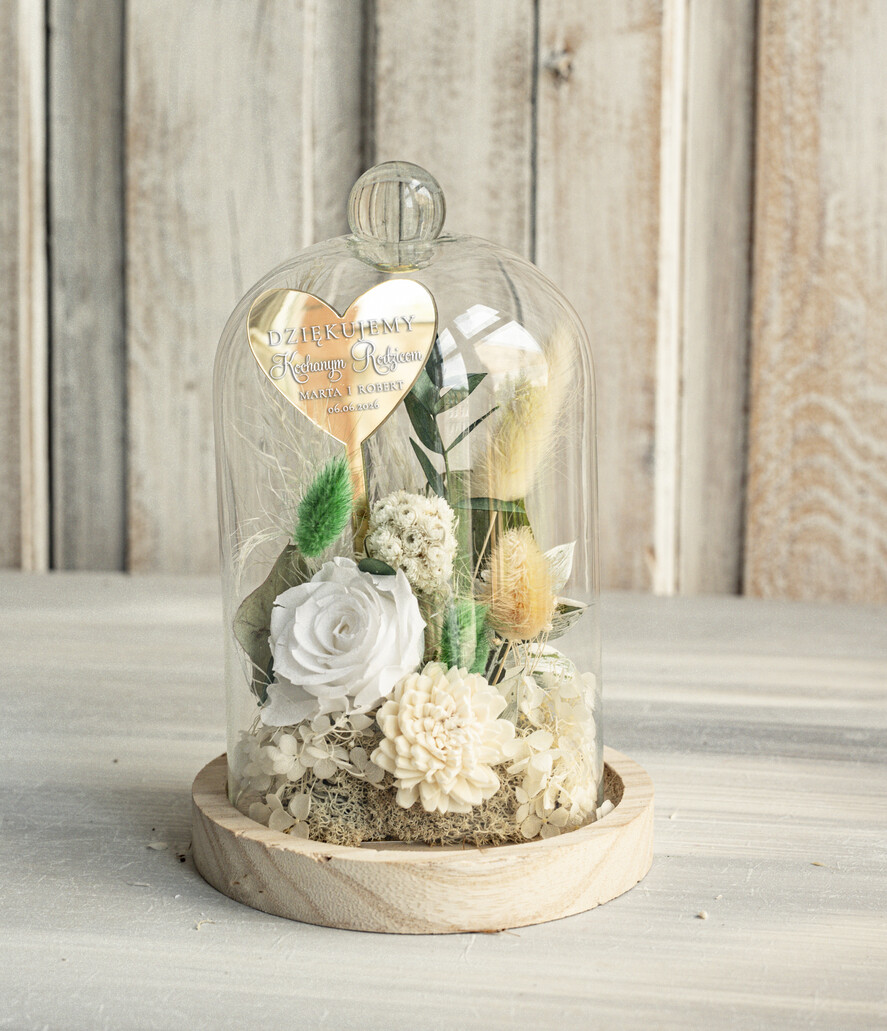 Prezenty, Podziękowania dla Rodziców Kompozycje Kwiatowe / Flowerboxy Personalizowane podziękowania dla Rodziców flowerbox z suszonych kwiatów, Wieczna róża Podziękowanie od Młodej pary w szklanej kopule, pomysł na prezent Rodzicom lub Mamie 3