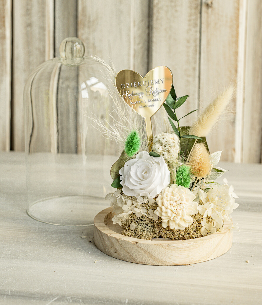 Prezenty, Podziękowania dla Rodziców Kompozycje Kwiatowe / Flowerboxy Personalizowane podziękowania dla Rodziców flowerbox z suszonych kwiatów, Wieczna róża Podziękowanie od Młodej pary w szklanej kopule, pomysł na prezent Rodzicom lub Mamie 5