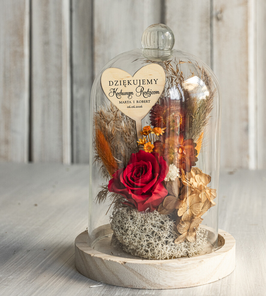 Prezenty, Podziękowania dla Rodziców Kompozycje Kwiatowe / Flowerboxy Personalizowane podziękowania dla Rodziców flowerbox z suszonych kwiatów, Wieczna róża Podziękowanie od Młodej Pary kwiaty w szklanej kopule, pomysł na prezent dla Rodziców lub Mamiy2