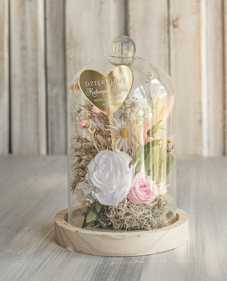 Prezenty, Podziękowania dla Rodziców Kompozycje Kwiatowe / Flowerboxy Podziękowania dla Rodziców flowerbox z suszonych kwiatów, Wieczna róża Podziękowanie od Młodej Pary kwiaty w szklanej kopule, pomysł na prezent dla Rodziców lub Mamy5