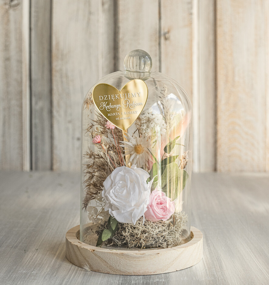 Prezenty, Podziękowania dla Rodziców Kompozycje Kwiatowe / Flowerboxy Podziękowania dla Rodziców flowerbox z suszonych kwiatów, Wieczna róża Podziękowanie od Młodej Pary kwiaty w szklanej kopule, pomysł na prezent dla Rodziców lub Mamy6