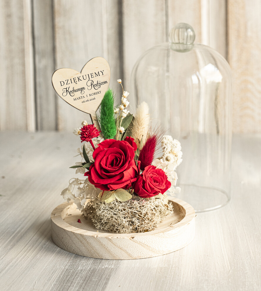 Prezenty, Podziękowania dla Rodziców Kompozycje Kwiatowe / Flowerboxy Podziękowania dla Rodziców flowerbox z suszonych kwiatów, Wieczna róża Podziękowanie od Młodej Pary kwiaty w szklanej kopule, pomysł na prezent dla Rodziców lub Mamy4