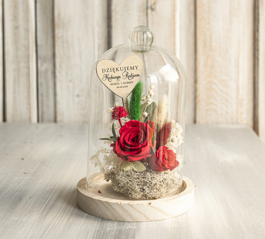 Prezenty, Podziękowania dla Rodziców Kompozycje Kwiatowe / Flowerboxy Podziękowania dla Rodziców flowerbox z suszonych kwiatów, Wieczna róża Podziękowanie od Młodej Pary kwiaty w szklanej kopule, pomysł na prezent dla Rodziców lub Mamy3
