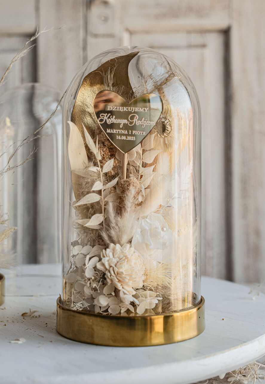 Prezenty, Podziękowania dla Rodziców Kompozycje Kwiatowe / Flowerboxy podziękowanie dla Rodziców na weselu, kwiaty dla Rodziców na prezent, suszone kwiaty w szkle, biała wieczna róża, prezent dla Rodziców kwiaty w szklanej kopule2