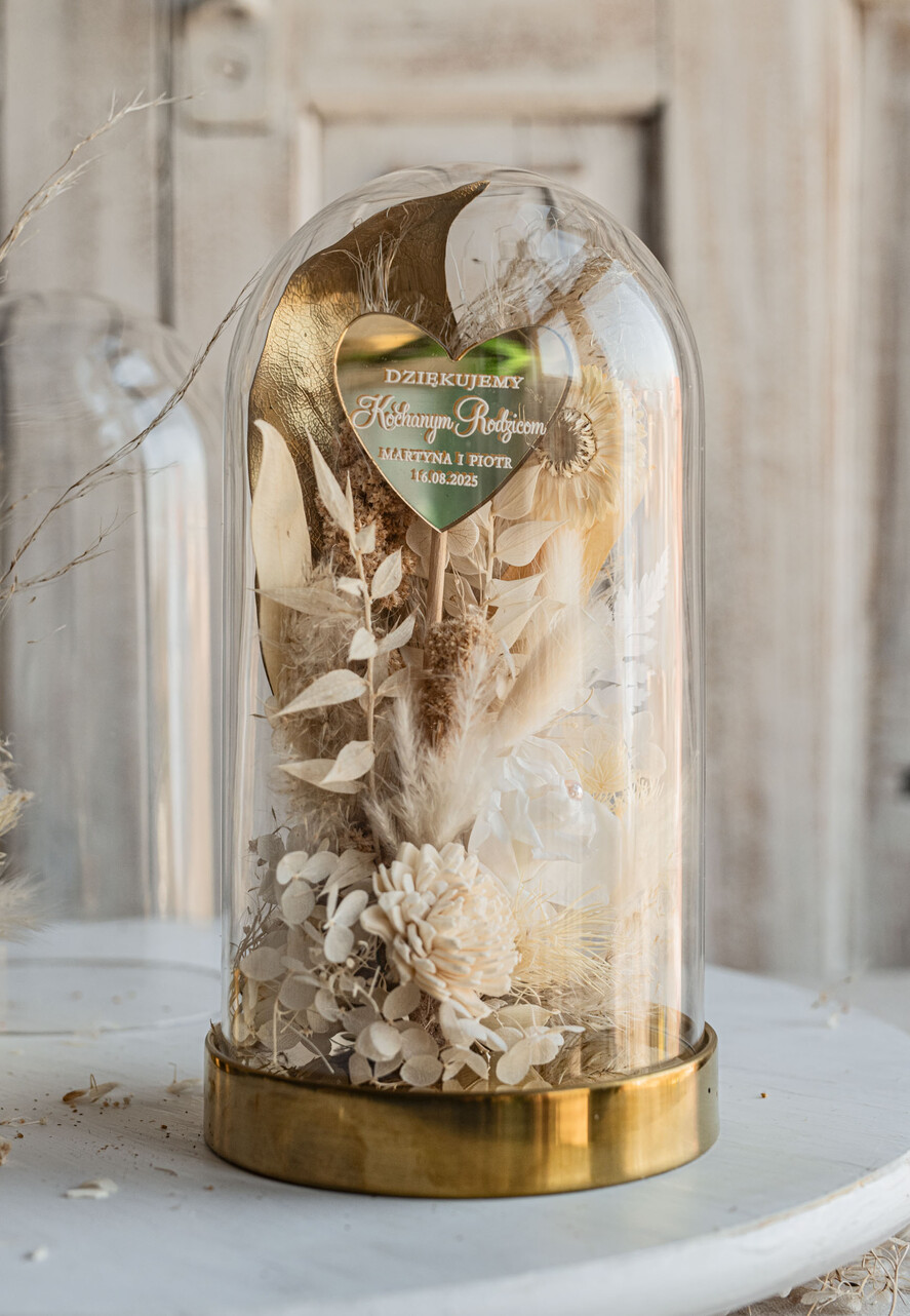 Prezenty, Podziękowania dla Rodziców Kompozycje Kwiatowe / Flowerboxy podziękowanie dla Rodziców na weselu, kwiaty dla Rodziców na prezent, suszone kwiaty w szkle, biała wieczna róża, prezent dla Rodziców kwiaty w szklanej kopule12