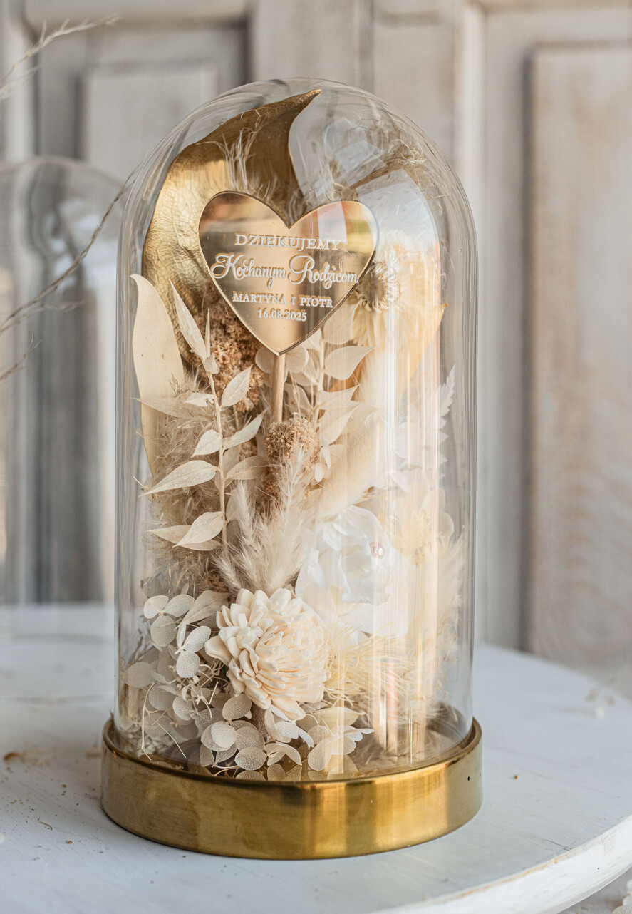 Prezenty, Podziękowania dla Rodziców Kompozycje Kwiatowe / Flowerboxy podziękowanie dla Rodziców na weselu, kwiaty dla Rodziców na prezent, suszone kwiaty w szkle, biała wieczna róża, prezent dla Rodziców kwiaty w szklanej kopule11