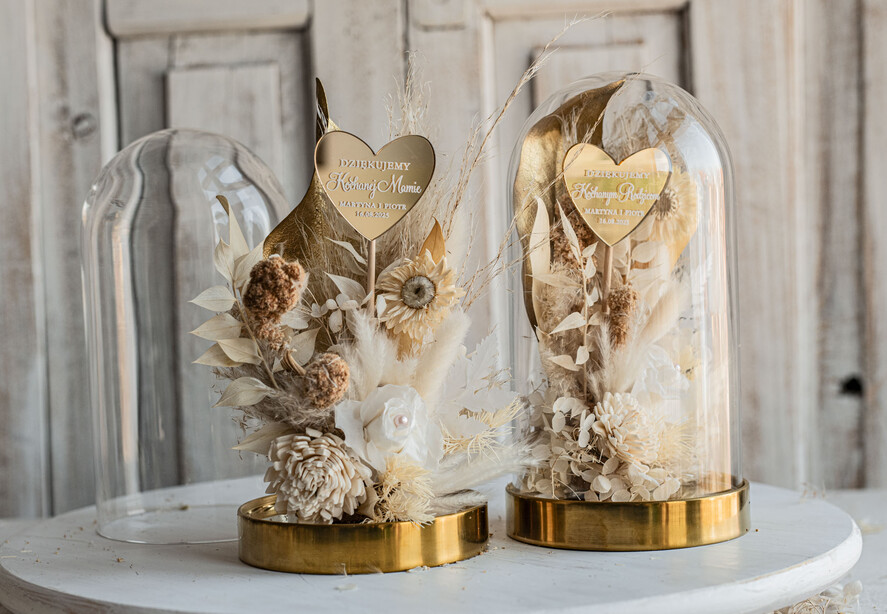 Prezenty, Podziękowania dla Rodziców Kompozycje Kwiatowe / Flowerboxy podziękowanie dla Rodziców na weselu, kwiaty dla Rodziców na prezent, suszone kwiaty w szkle, biała wieczna róża, prezent dla Rodziców kwiaty w szklanej kopule17