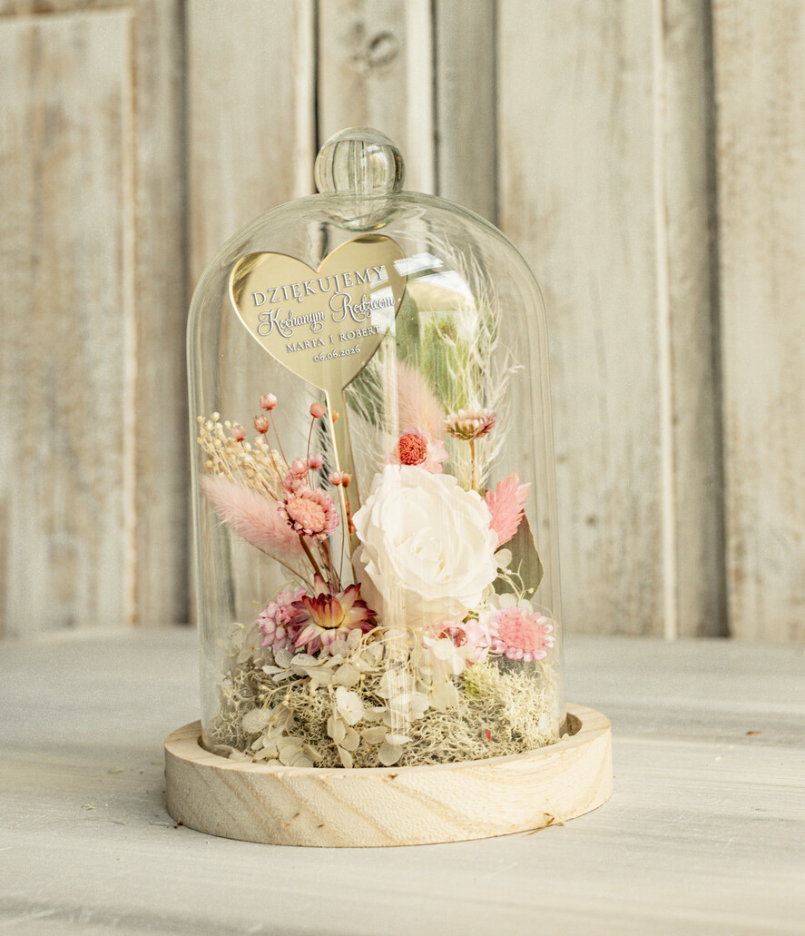 Prezenty, Podziękowania dla Rodziców Kompozycje Kwiatowe / Flowerboxy Personalizowane podziękowania dla Rodziców flowerbox z suszonych kwiatów, Wieczna róża Podziękowanie od Młodej pary w szklanej kopule, pomysł na prezent Rodzicom lub Mamie 1