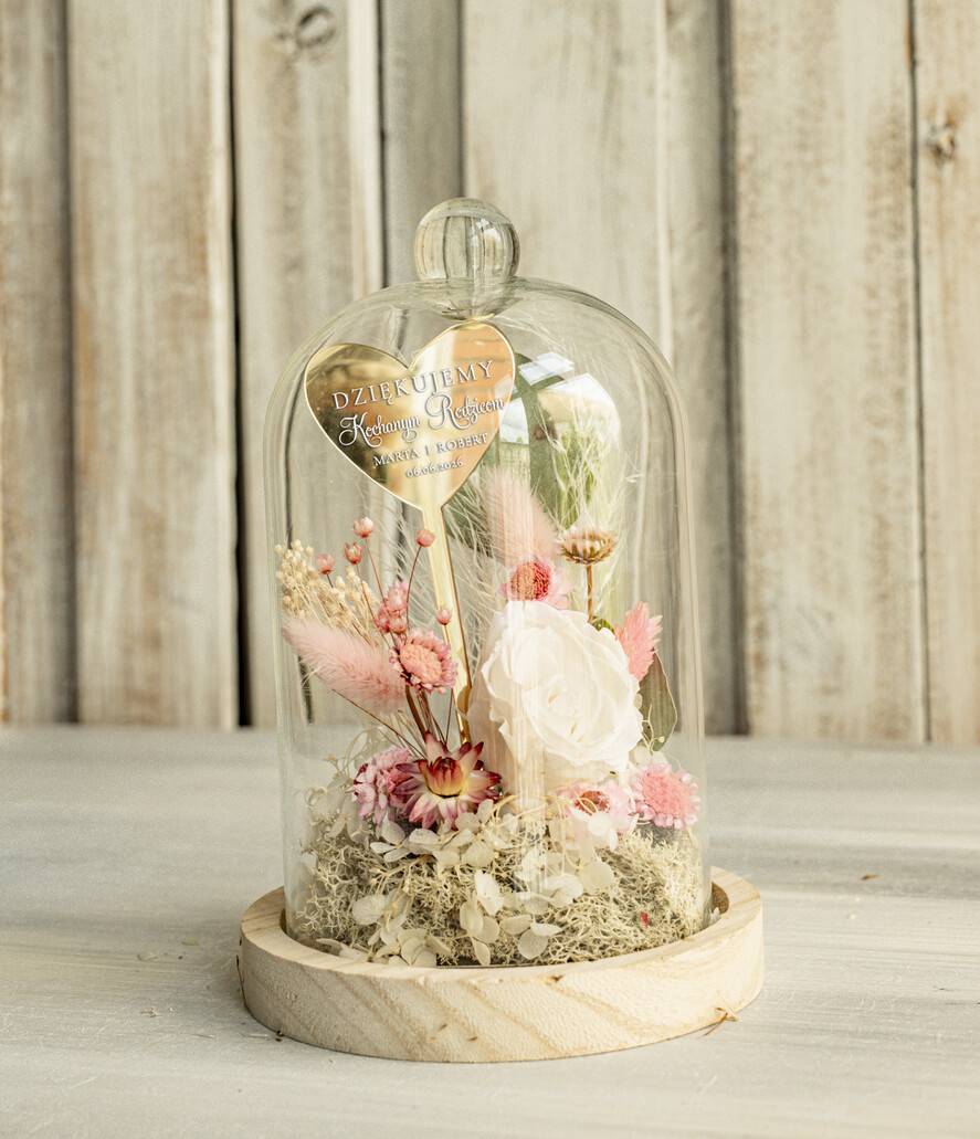 Prezenty, Podziękowania dla Rodziców Kompozycje Kwiatowe / Flowerboxy Personalizowane podziękowania dla Rodziców flowerbox z suszonych kwiatów, Wieczna róża Podziękowanie od Młodej pary w szklanej kopule, pomysł na prezent Rodzicom lub Mamie 2