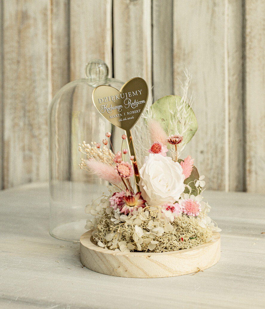 Prezenty, Podziękowania dla Rodziców Kompozycje Kwiatowe / Flowerboxy Personalizowane podziękowania dla Rodziców flowerbox z suszonych kwiatów, Wieczna róża Podziękowanie od Młodej pary w szklanej kopule, pomysł na prezent Rodzicom lub Mamie 3