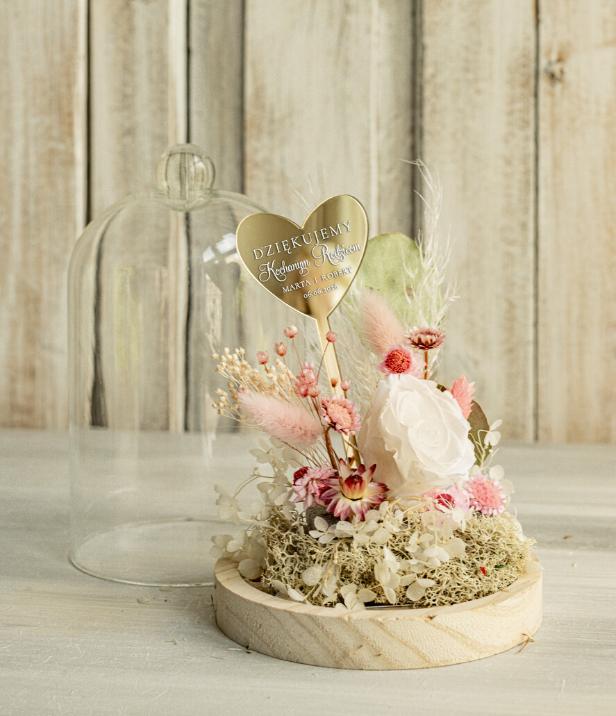 Prezenty, Podziękowania dla Rodziców Kompozycje Kwiatowe / Flowerboxy Personalizowane podziękowania dla Rodziców flowerbox z suszonych kwiatów, Wieczna róża Podziękowanie od Młodej pary w szklanej kopule, pomysł na prezent Rodzicom lub Mamie 4