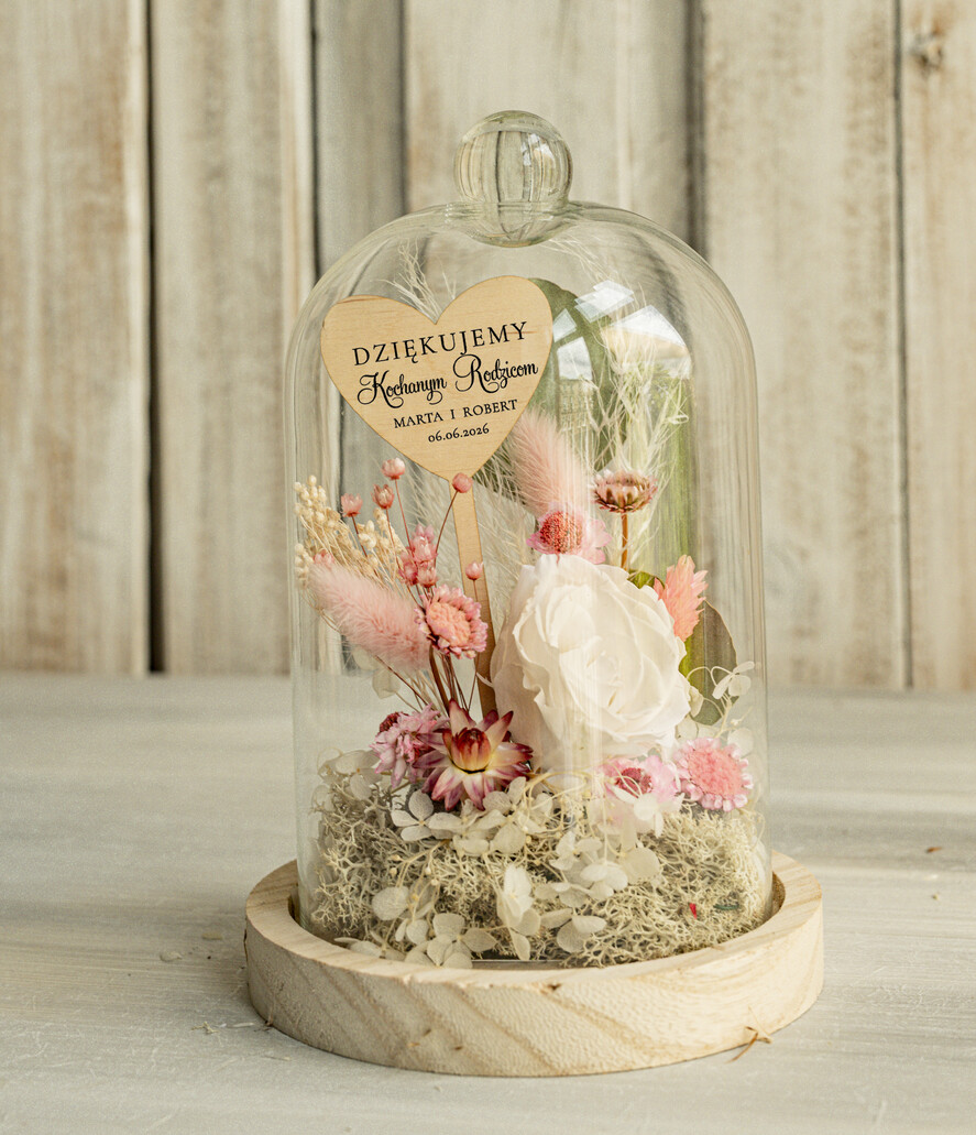 Prezenty, Podziękowania dla Rodziców Kompozycje Kwiatowe / Flowerboxy Personalizowane podziękowania dla Rodziców flowerbox z suszonych kwiatów, Wieczna róża Podziękowanie od Młodej pary w szklanej kopule, pomysł na prezent Rodzicom lub Mamie 5