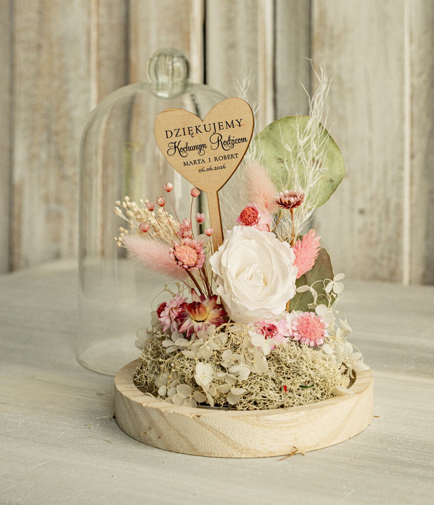 Prezenty, Podziękowania dla Rodziców Kompozycje Kwiatowe / Flowerboxy Personalizowane podziękowania dla Rodziców flowerbox z suszonych kwiatów, Wieczna róża Podziękowanie od Młodej pary w szklanej kopule, pomysł na prezent Rodzicom lub Mamie 6