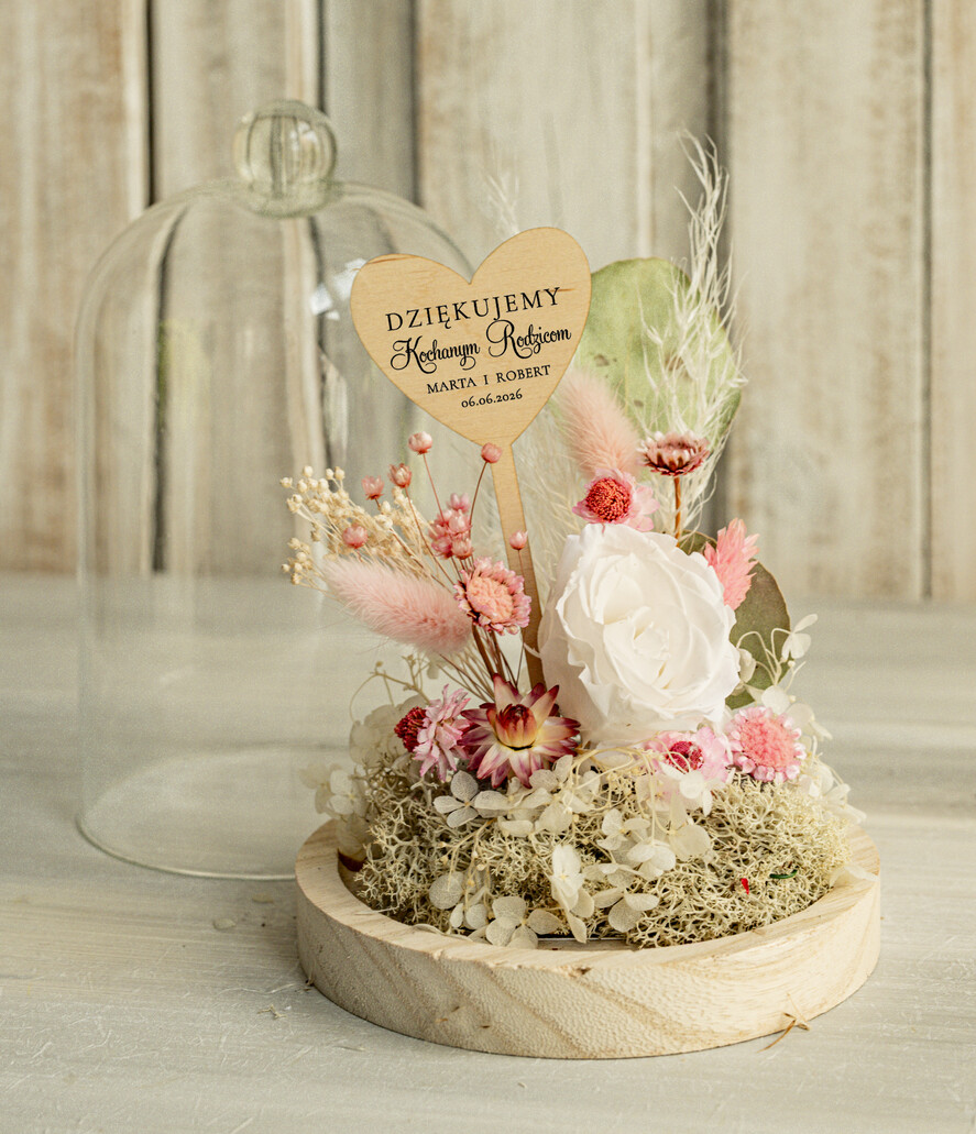 Prezenty, Podziękowania dla Rodziców Kompozycje Kwiatowe / Flowerboxy Personalizowane podziękowania dla Rodziców flowerbox z suszonych kwiatów, Wieczna róża Podziękowanie od Młodej pary w szklanej kopule, pomysł na prezent Rodzicom lub Mamie 7