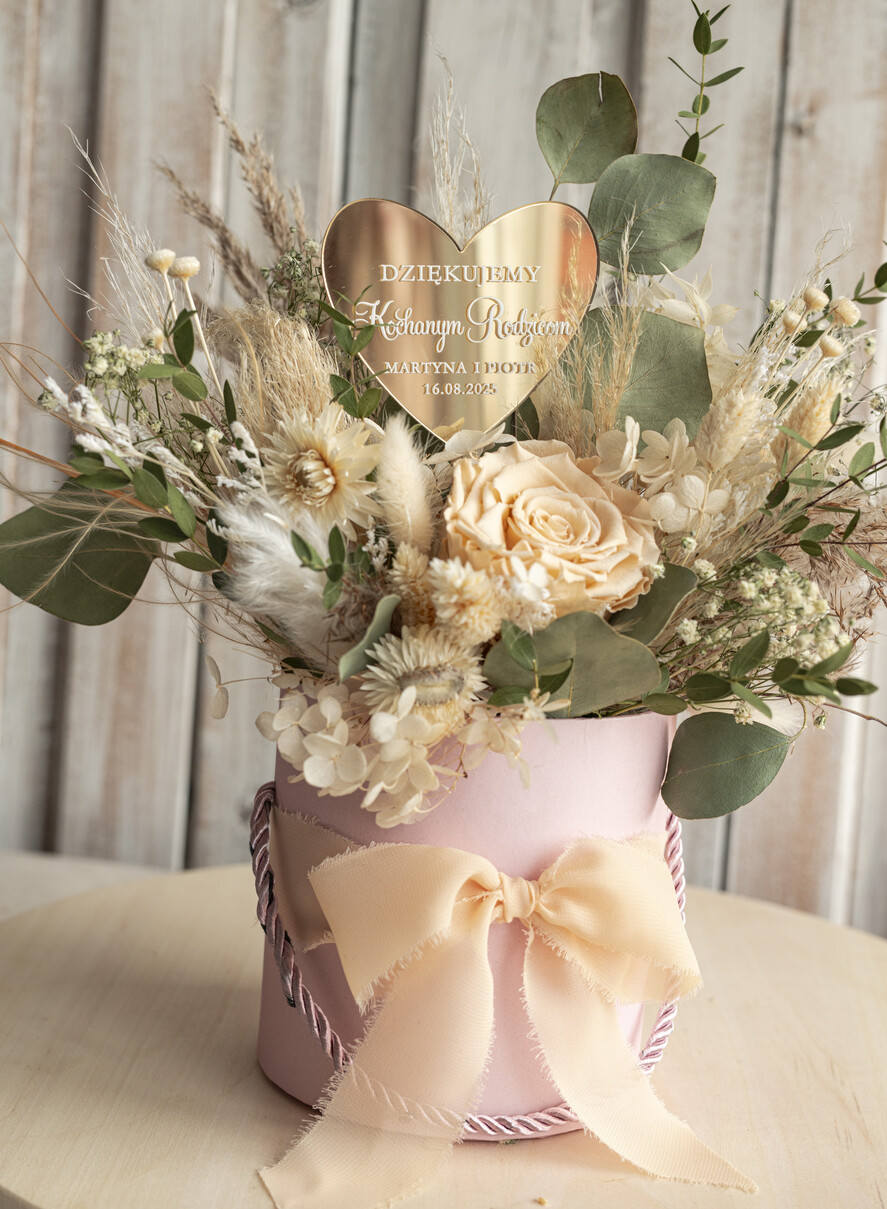 Prezenty, Podziękowania dla Rodziców Kompozycje Kwiatowe / Flowerboxy flowerbox z wieczną róża, prezent dla mamy i taty na wesele, kompozycja z kwiatów suszonych pomysł na prezent dla rodziców, wieczne róże, flower box dla rodziców5