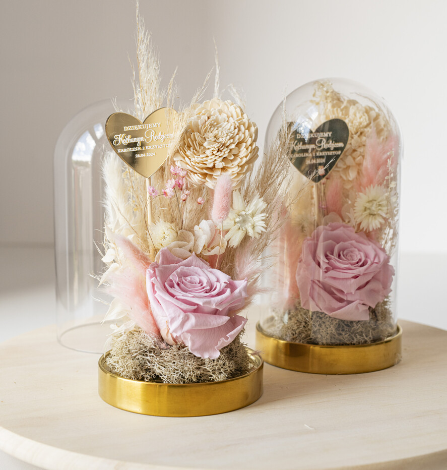 Prezenty, Podziękowania dla Rodziców Kompozycje Kwiatowe / Flowerboxy prezent dla Rodziców na wesele, kwiaty dla Rodziców podziękowanie, suszone kwiaty w szkle, różowa wieczna róża, podziękowanie dla Rodziców kwiaty w szklanej kopułce7