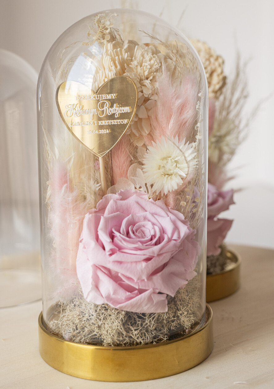 Prezenty, Podziękowania dla Rodziców Kompozycje Kwiatowe / Flowerboxy prezent dla Rodziców na wesele, kwiaty dla Rodziców podziękowanie, suszone kwiaty w szkle, różowa wieczna róża, podziękowanie dla Rodziców kwiaty w szklanej kopułce3