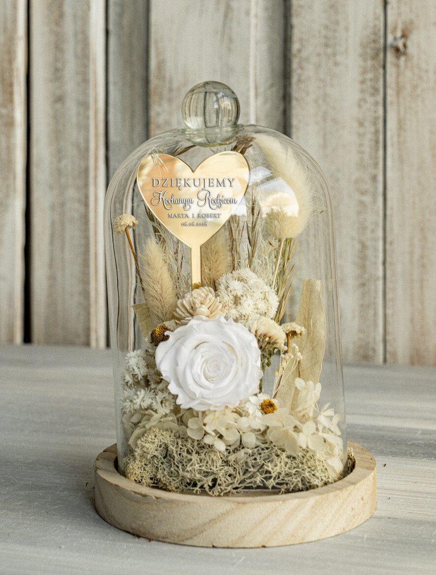Prezenty, Podziękowania dla Rodziców Kompozycje Kwiatowe / Flowerboxy Personalizowane podziękowania dla Rodziców flowerbox z suszonych kwiatów, Wieczna róża Podziękowanie od Młodej pary w szklanej kopule, pomysł na prezent Rodzicom lub Mamie 1