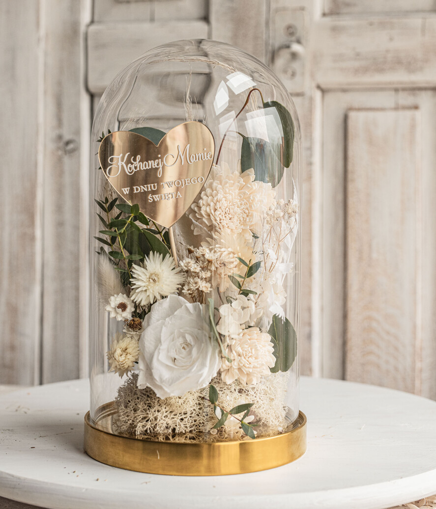 Prezenty dla Mamy kwiaty flowerboxy wieczna róża w szklanej kopule, prezent dla mamy flowerbox z suszonych kwiatów, suszone kwiaty w szkle, kompozycja kwiatowa w kopułce ze szkła0