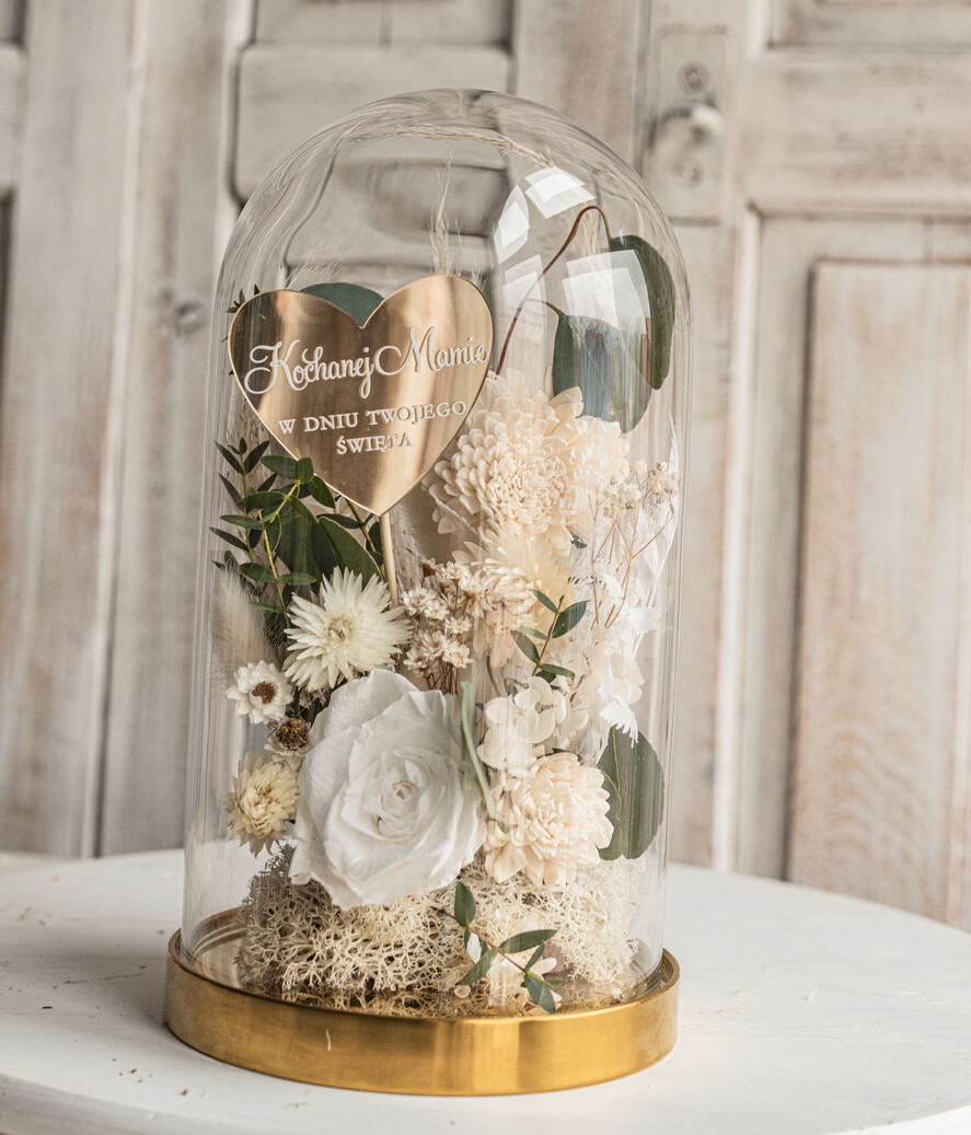 Prezenty dla Mamy kwiaty flowerboxy wieczna róża w szklanej kopule, prezent dla mamy flowerbox z suszonych kwiatów, suszone kwiaty w szkle, kompozycja kwiatowa w kopułce ze szkła4