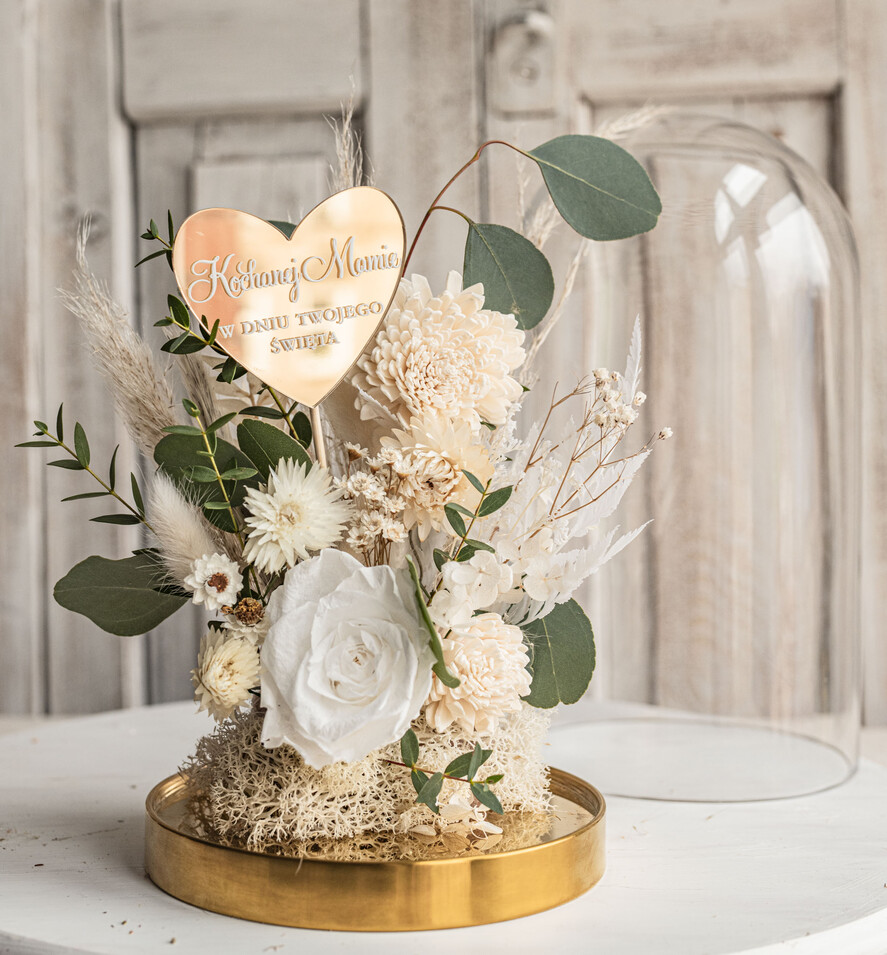 Prezenty dla Mamy kwiaty flowerboxy wieczna róża w szklanej kopule, prezent dla mamy flowerbox z suszonych kwiatów, suszone kwiaty w szkle, kompozycja kwiatowa w kopułce ze szkła1