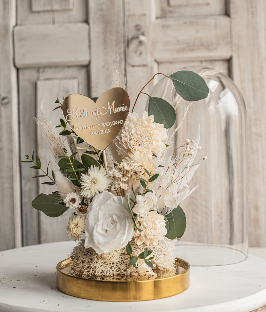 Prezenty dla Mamy kwiaty flowerboxy wieczna róża w szklanej kopule, prezent dla mamy flowerbox z suszonych kwiatów, suszone kwiaty w szkle, kompozycja kwiatowa w kopułce ze szkła7