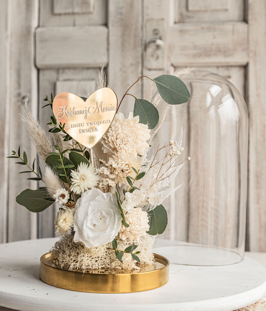 Prezenty dla Mamy flowerboxy, box ze słodyczami  wieczna róża w szklanej kopule, prezent dla mamy flowerbox z suszonych kwiatów, suszone kwiaty w szkle, kompozycja kwiatowa w kopułce ze szkła3
