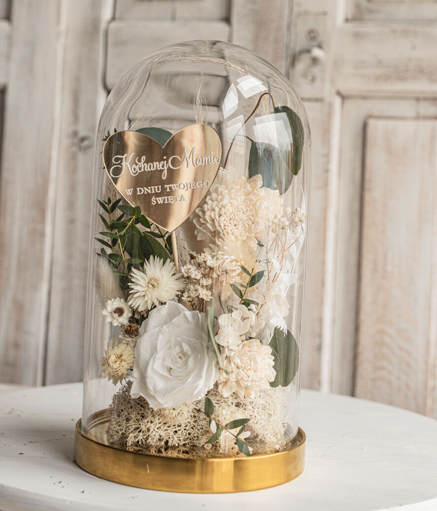 Prezenty dla Mamy flowerboxy, box ze słodyczami  wieczna róża w szklanej kopule, prezent dla mamy flowerbox z suszonych kwiatów, suszone kwiaty w szkle, kompozycja kwiatowa w kopułce ze szkła4