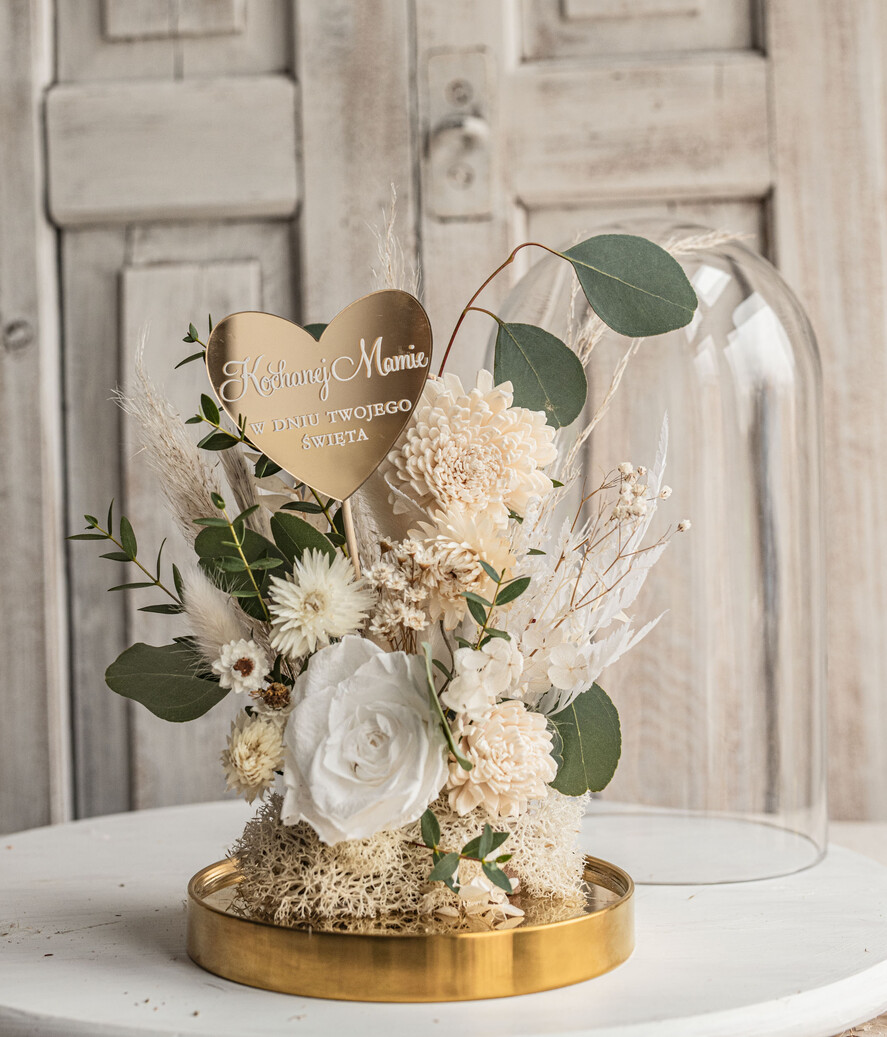 Prezenty dla Mamy flowerboxy, box ze słodyczami  wieczna róża w szklanej kopule, prezent dla mamy flowerbox z suszonych kwiatów, suszone kwiaty w szkle, kompozycja kwiatowa w kopułce ze szkła7