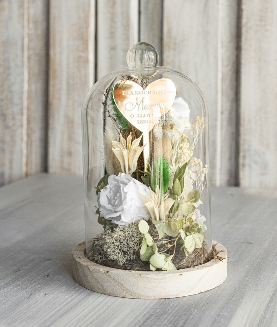 Prezenty dla Mamy kwiaty flowerboxy kompozycja kwiatowa w szklanej kopule, prezent dla mamy flowerbox z suszonych kwiatów, suszone kwiaty w szkle, prezent na dzień mamy kwiaty0