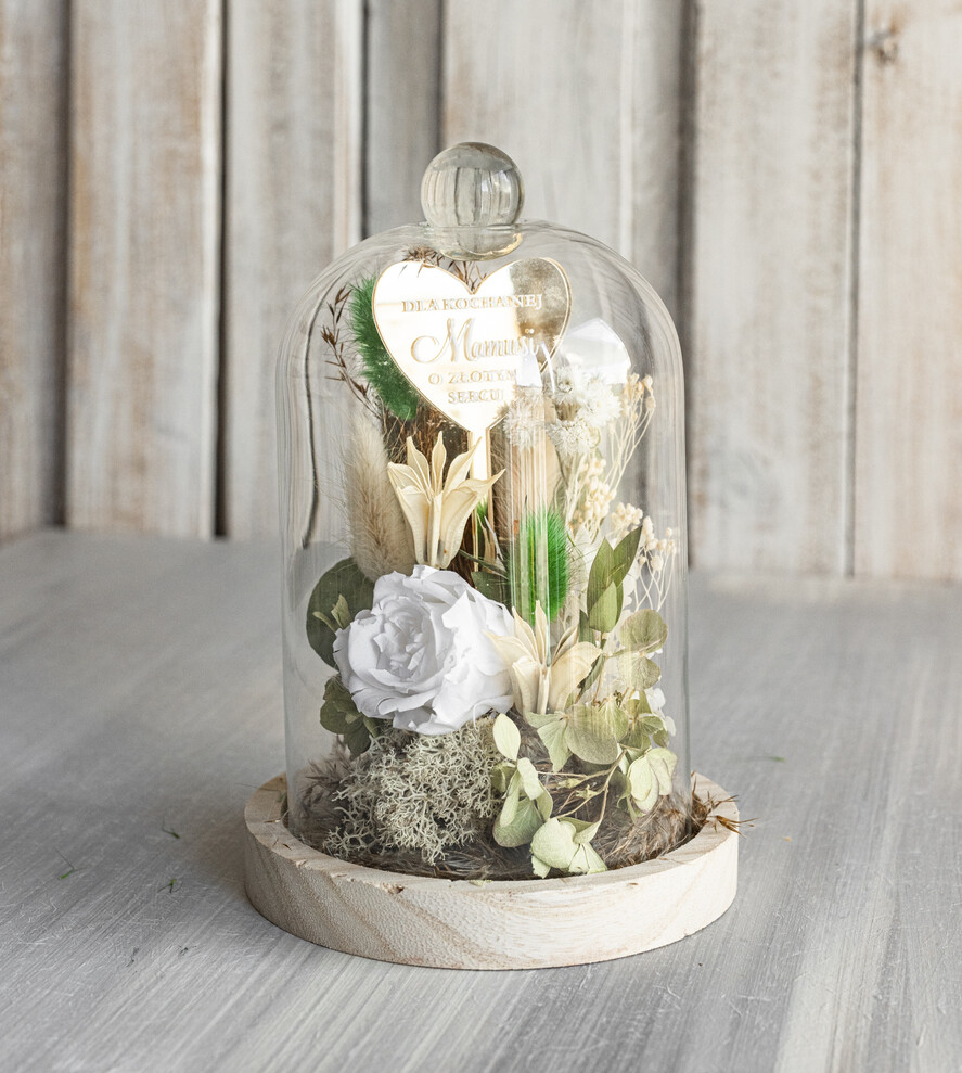 Prezenty dla Mamy kwiaty flowerboxy kompozycja kwiatowa w szklanej kopule, prezent dla mamy flowerbox z suszonych kwiatów, suszone kwiaty w szkle, prezent na dzień mamy kwiaty4