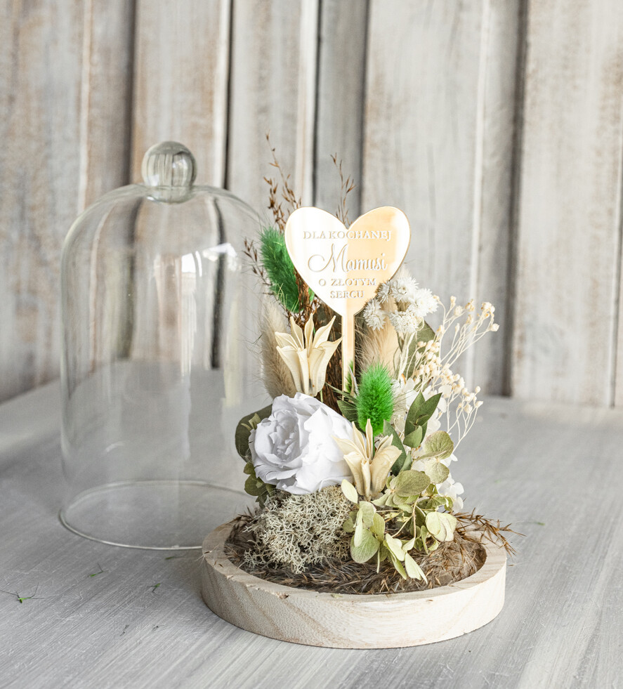 Prezenty dla Mamy kwiaty flowerboxy kompozycja kwiatowa w szklanej kopule, prezent dla mamy flowerbox z suszonych kwiatów, suszone kwiaty w szkle, prezent na dzień mamy kwiaty5