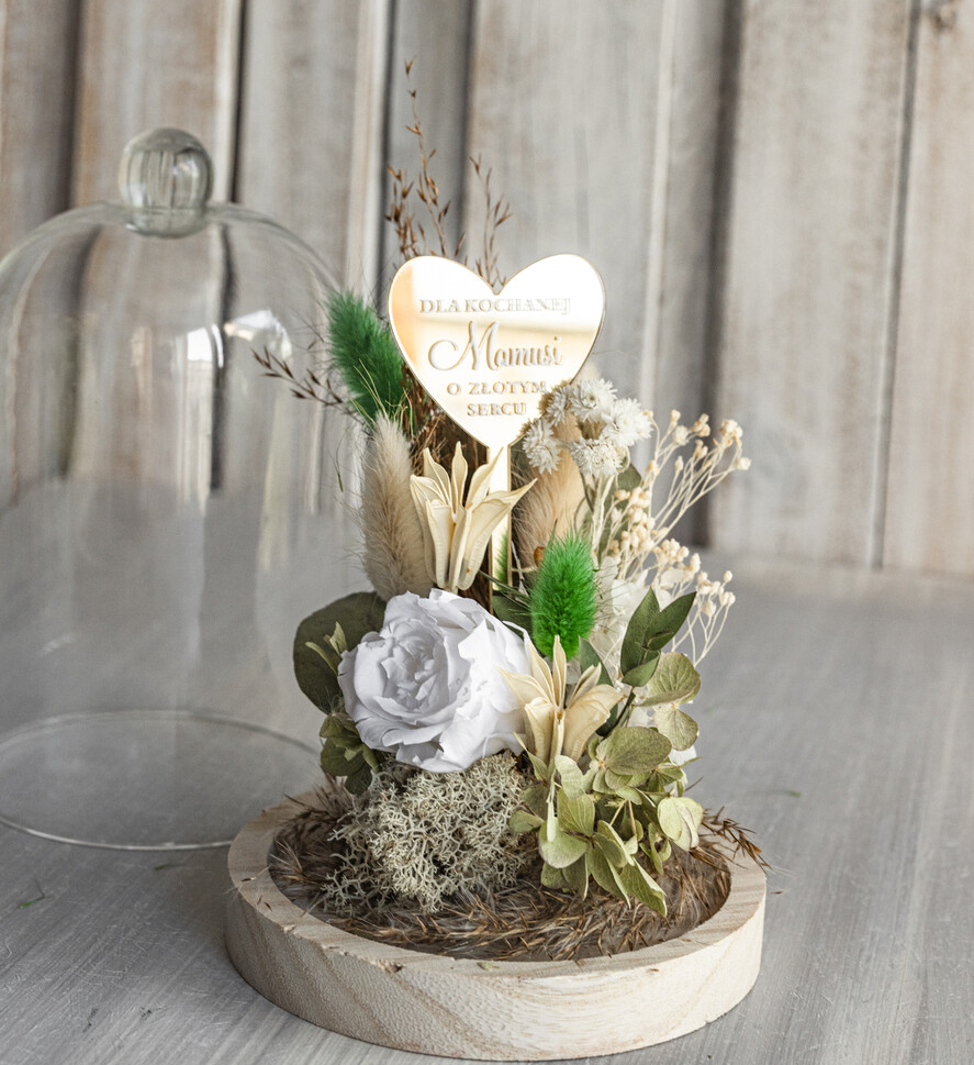 Prezenty dla Mamy kwiaty flowerboxy kompozycja kwiatowa w szklanej kopule, prezent dla mamy flowerbox z suszonych kwiatów, suszone kwiaty w szkle, prezent na dzień mamy kwiaty6