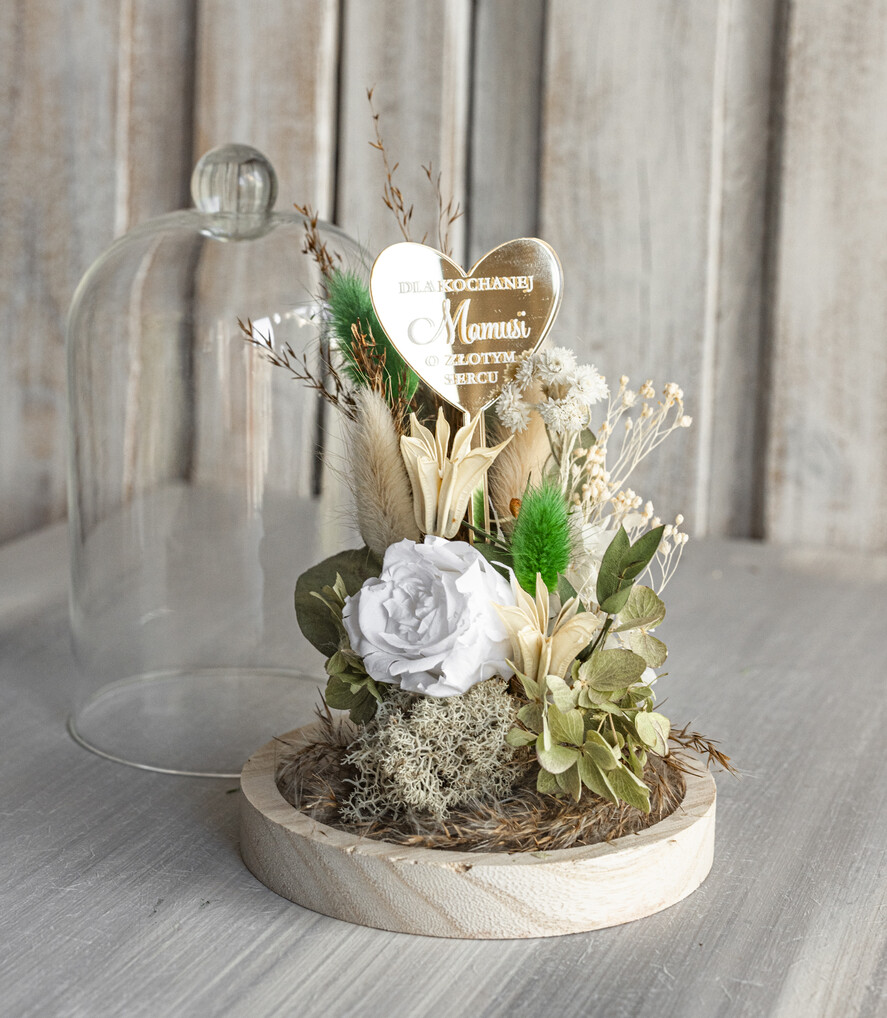 Prezenty dla Mamy kwiaty flowerboxy kompozycja kwiatowa w szklanej kopule, prezent dla mamy flowerbox z suszonych kwiatów, suszone kwiaty w szkle, prezent na dzień mamy kwiaty7