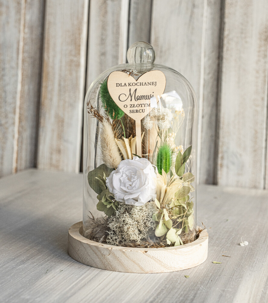Prezenty dla Mamy kwiaty flowerboxy kompozycja kwiatowa w szklanej kopule, prezent dla mamy flowerbox z suszonych kwiatów, suszone kwiaty w szkle, prezent na dzień mamy kwiaty1