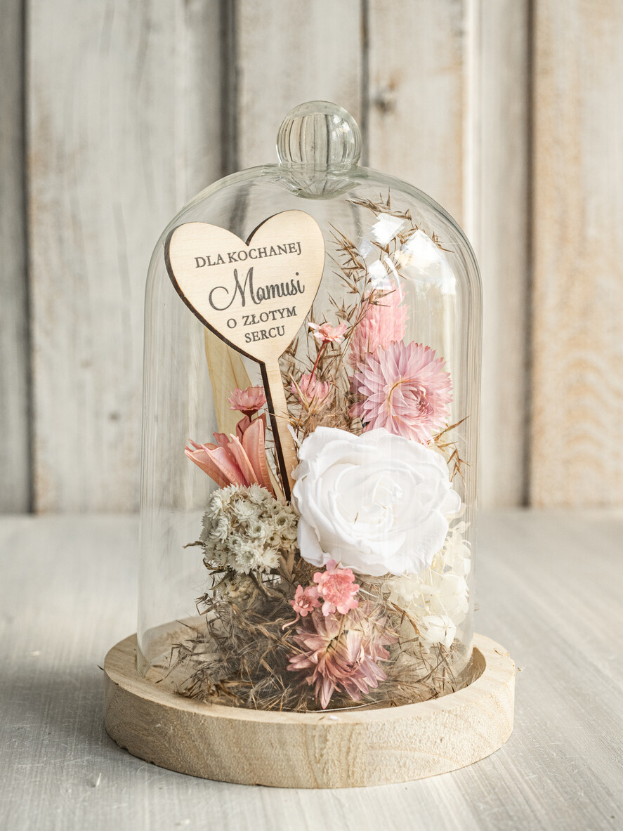 Prezenty dla Mamy kwiaty flowerboxy wieczna róża w szklanej kopule, prezent dla mamy flowerbox z suszonych kwiatów, suszone kwiaty w szkle, kompozycja kwiatowa w kopułce ze szkła 5