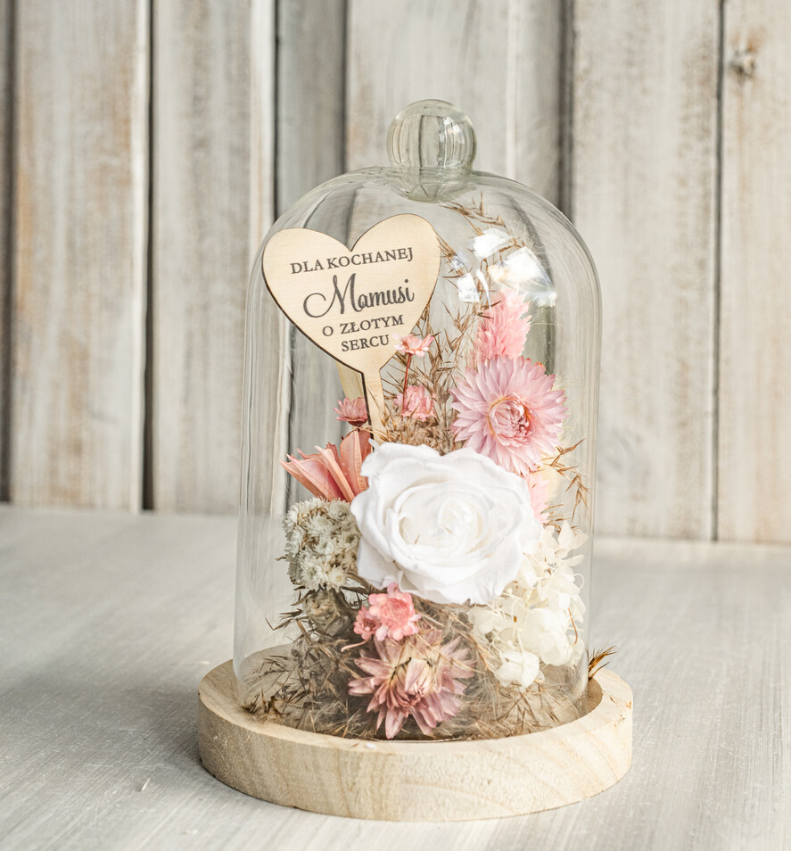 Prezenty dla Mamy kwiaty flowerboxy wieczna róża w szklanej kopule, prezent dla mamy flowerbox z suszonych kwiatów, suszone kwiaty w szkle, kompozycja kwiatowa w kopułce ze szkła 1