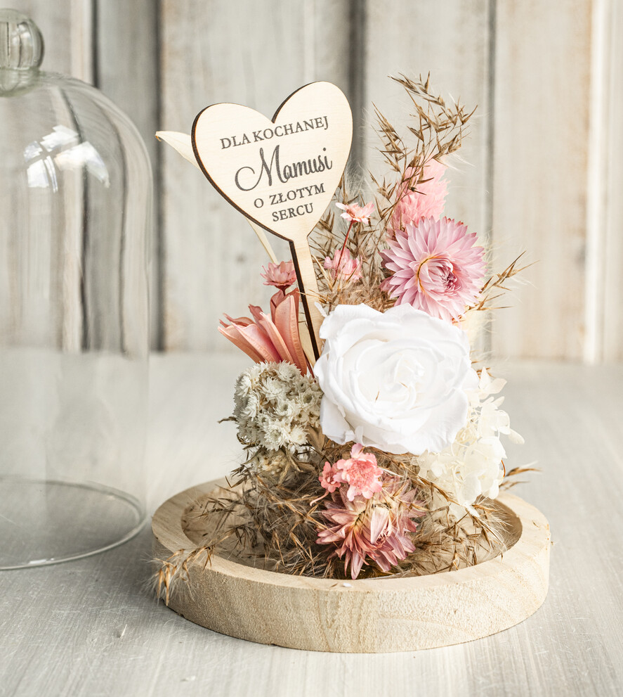 Prezenty dla Mamy kwiaty flowerboxy wieczna róża w szklanej kopule, prezent dla mamy flowerbox z suszonych kwiatów, suszone kwiaty w szkle, kompozycja kwiatowa w kopułce ze szkła 3