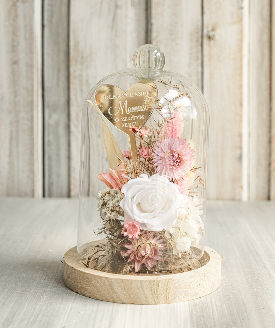 Prezenty dla Mamy kwiaty flowerboxy wieczna róża w szklanej kopule, prezent dla mamy flowerbox z suszonych kwiatów, suszone kwiaty w szkle, kompozycja kwiatowa w kopułce ze szkła 0