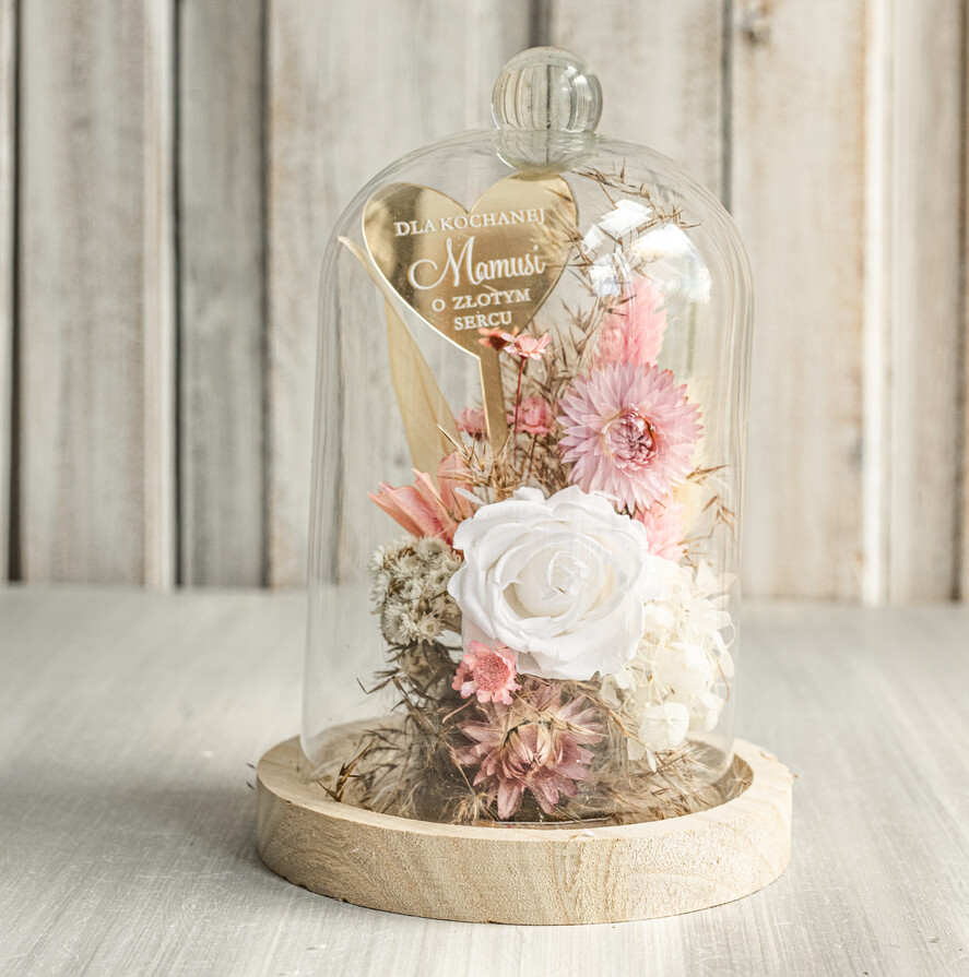 Prezenty dla Mamy kwiaty flowerboxy wieczna róża w szklanej kopule, prezent dla mamy flowerbox z suszonych kwiatów, suszone kwiaty w szkle, kompozycja kwiatowa w kopułce ze szkła 2