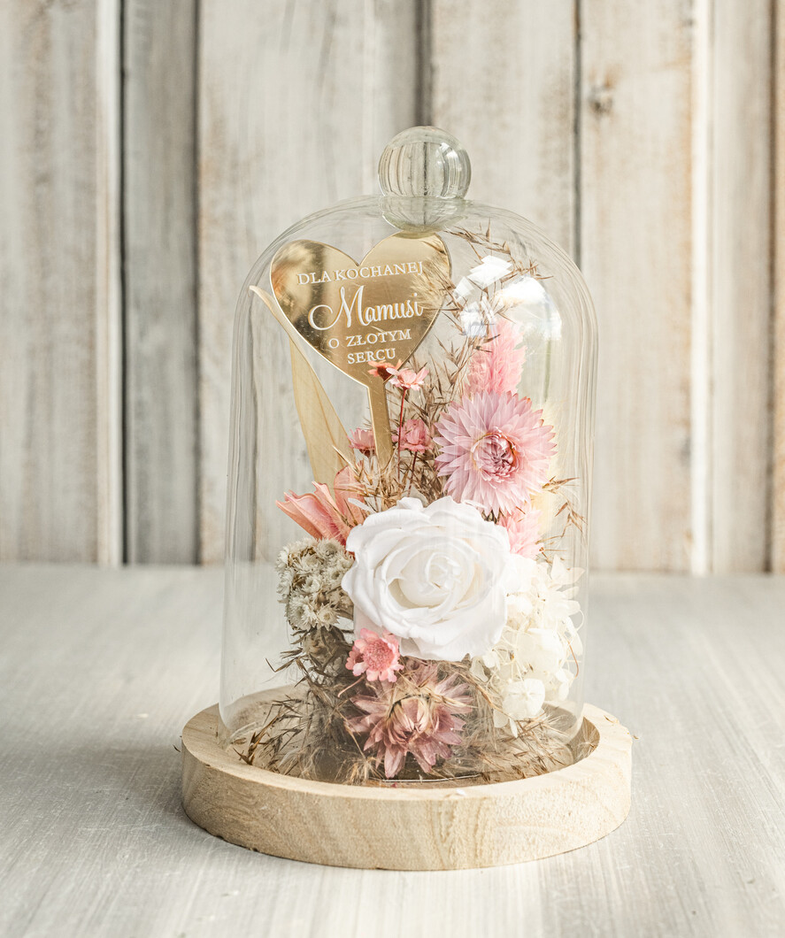 Prezenty dla Mamy flowerboxy, box ze słodyczami  wieczna róża w szklanej kopule, prezent dla mamy flowerbox z suszonych kwiatów, suszone kwiaty w szkle, kompozycja kwiatowa w kopułce ze szkła 0